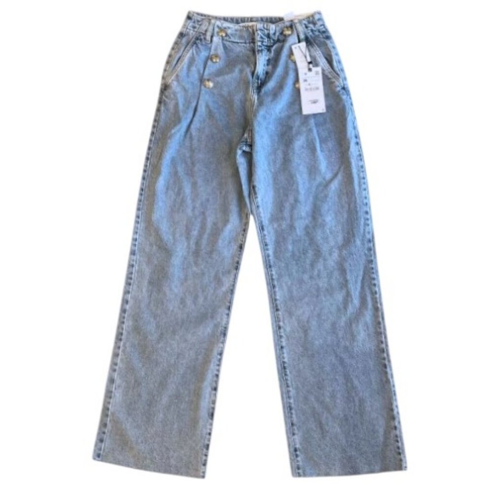 Zara blue wide leg denim jeans with gold buttons size 6